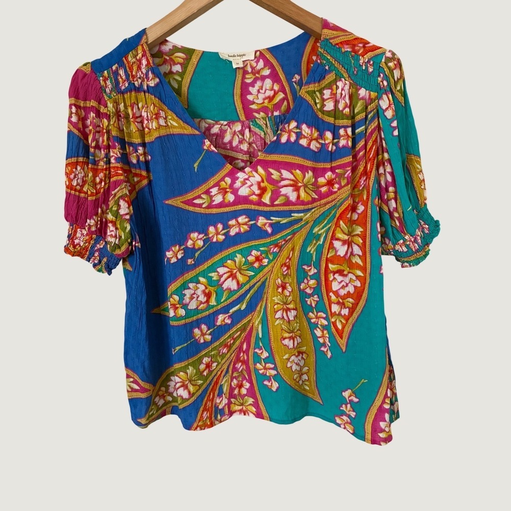 Haute Hippie Style Womens V-Neck Floral Paisley Blouse Smocked Short Sleeve M